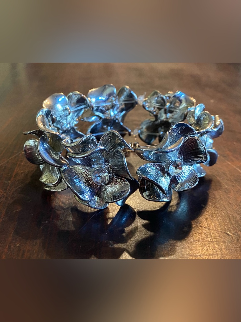 Silver Floral Stretchy Bracelet with Crystal Accents